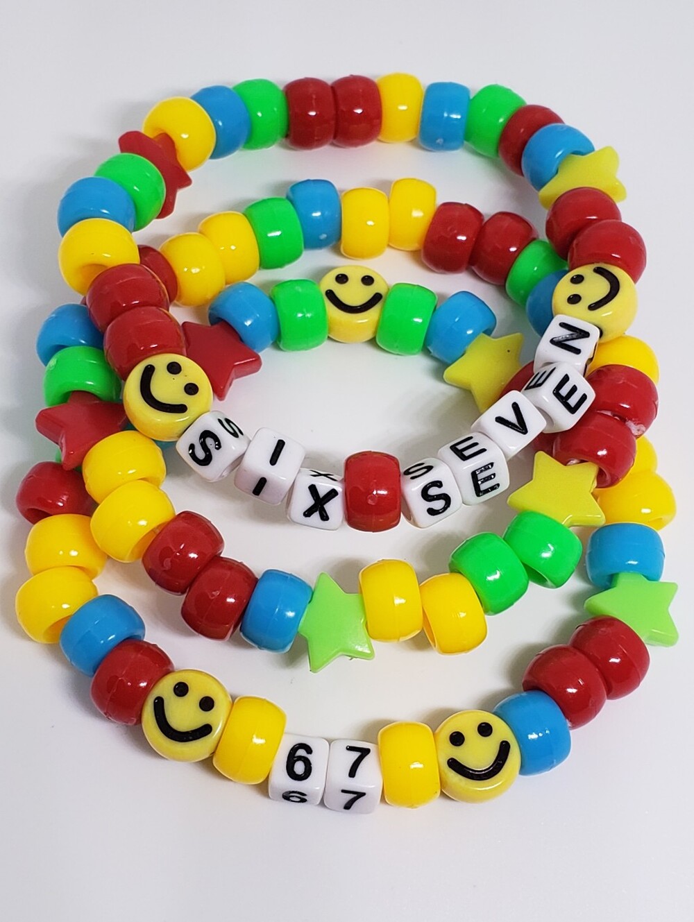 Handmade red Green Blue Yellow Smiley Face Six Seven Stackable Kandi Bracelets